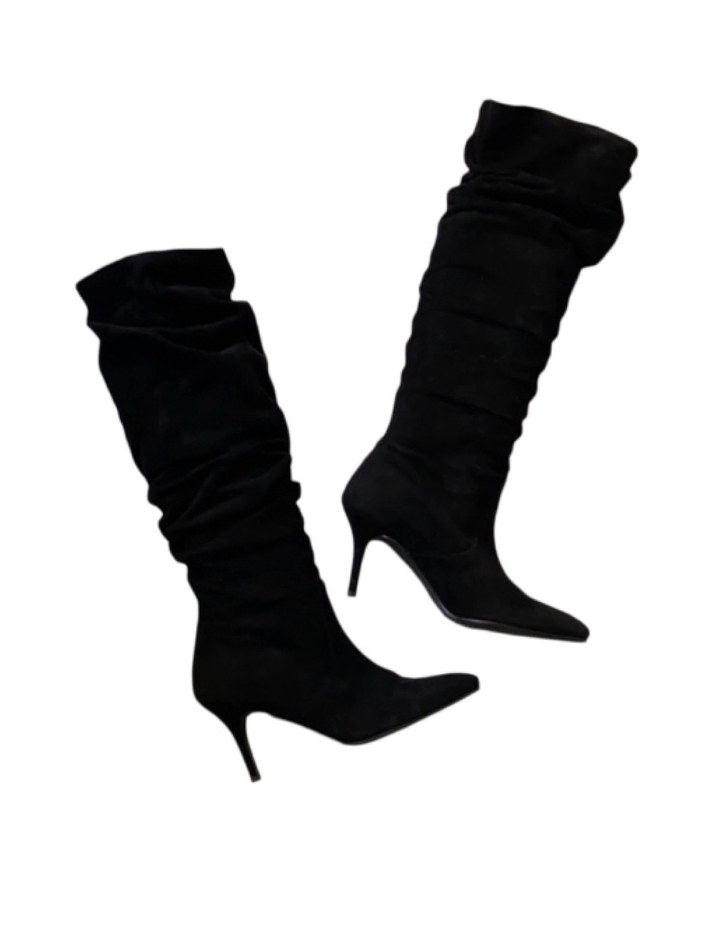 Stuart Weitzman Black Slouchy Knee-High Pointed-Toe Stiletto Boots over the knee